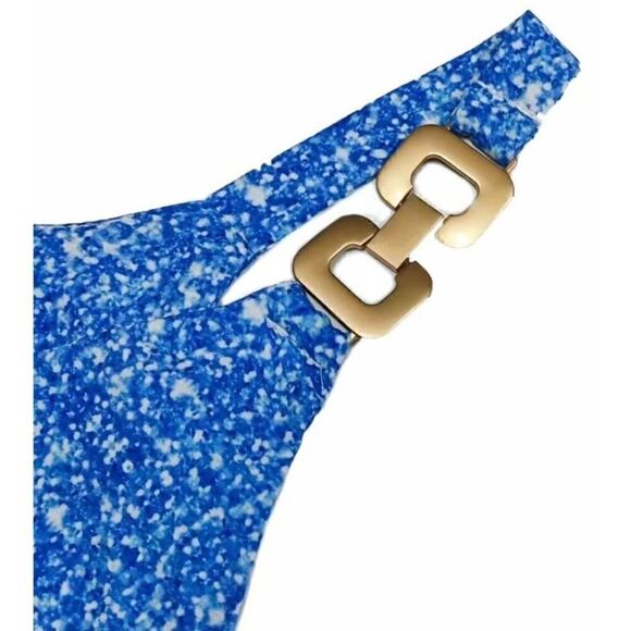 NEW SZ L Woman’s Blue Marble Leopard Print Chain Strap Blouse Top - Picture 5 of 5